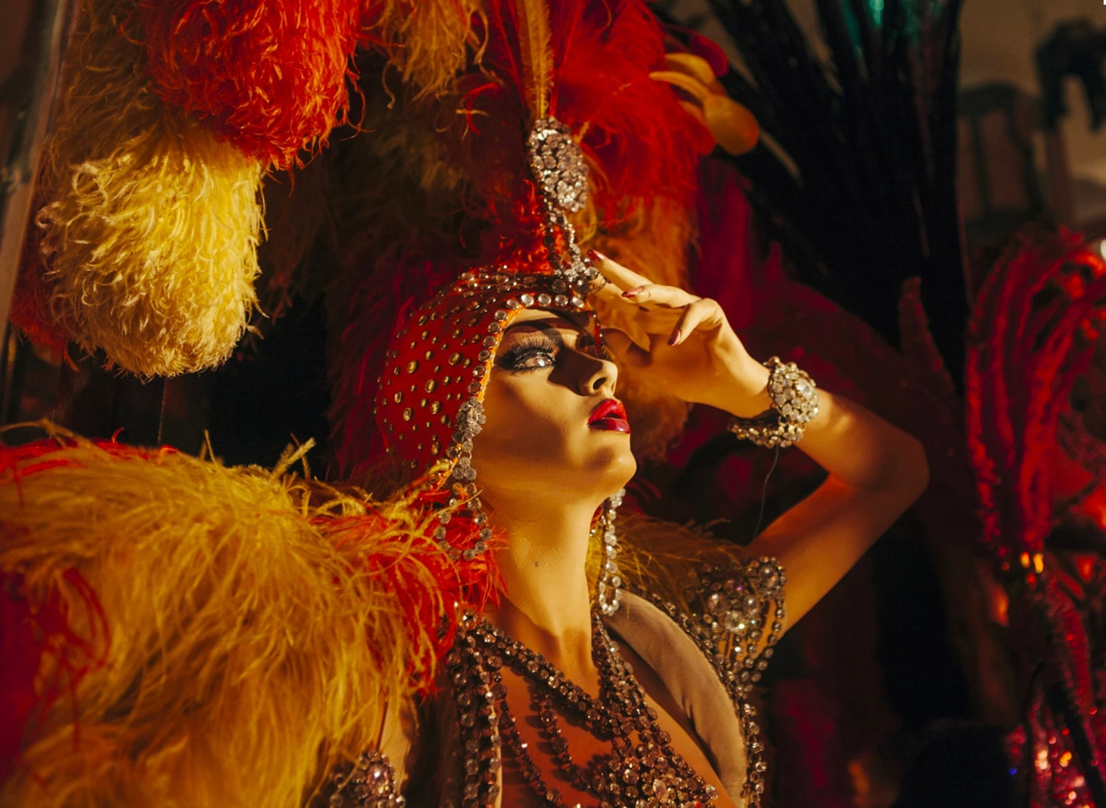 Elaborate jeweled headdress and feathered shoulders Elaborate jeweled headdress and feathered shoulders — Vegas Show Outfits 2027