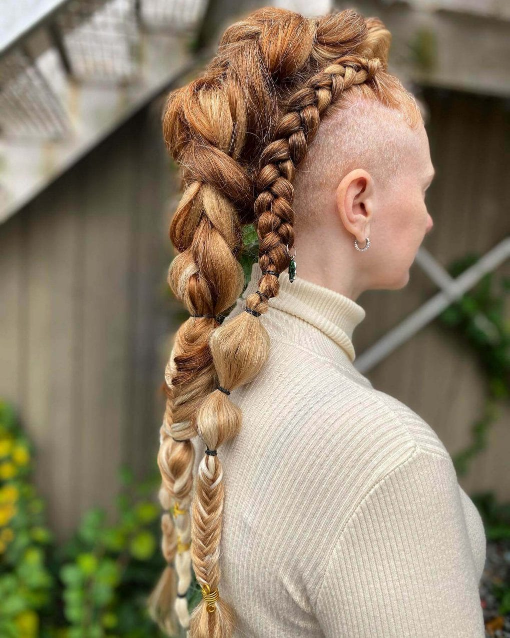 Mid-Back Copper Red Mohawk Braid With Bubble Details Mid-Back Copper Red Mohawk Braid With Bubble Details — Viking Braided Hairstyles 2027