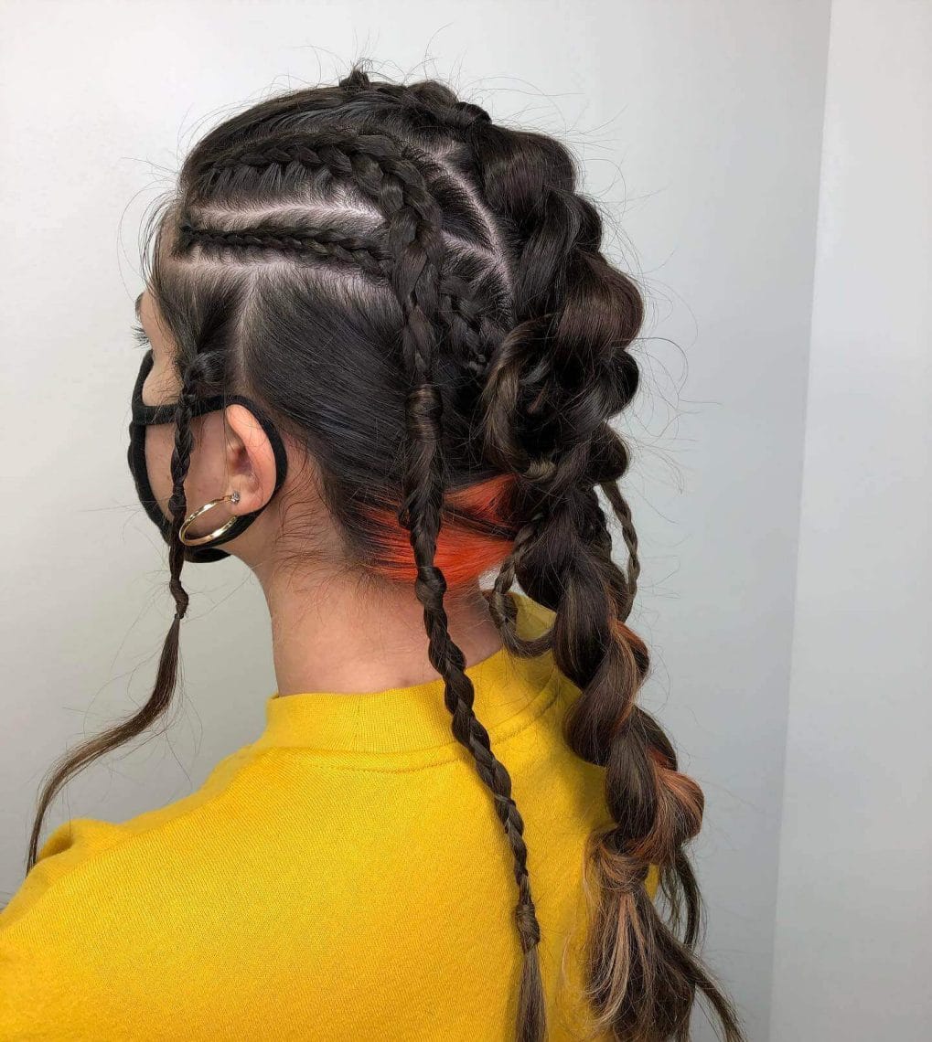 Mid-Back Dark Brown Braids With Vibrant Accents, Wavy Mid-Back Dark Brown Braids With Vibrant Accents, Wavy — Viking Braided Hairstyles 2027