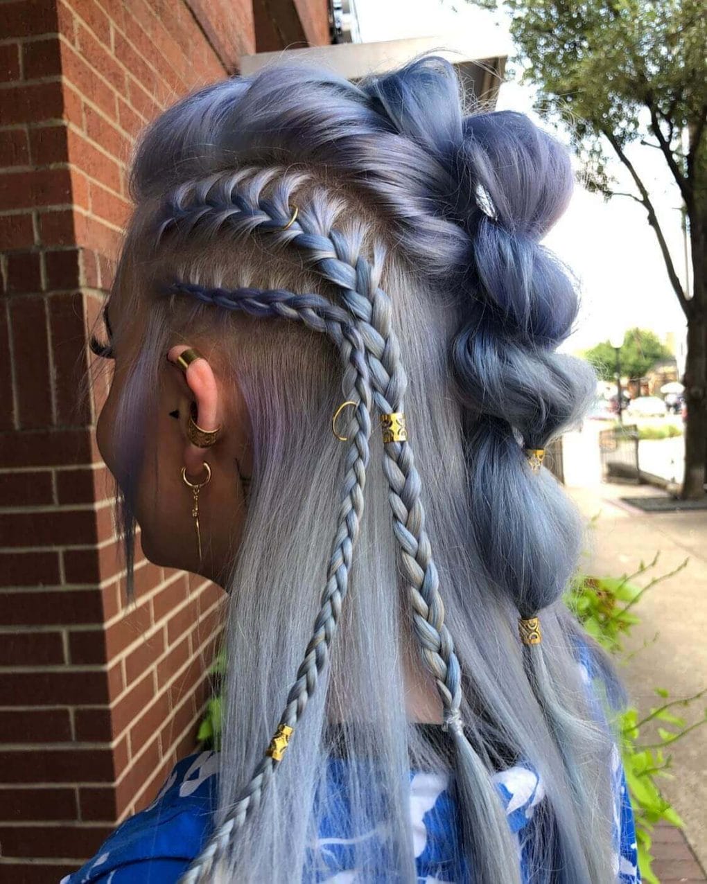 Long Blue And Gray Braids With Buns Long Blue And Gray Braids With Buns — Viking Braided Hairstyles 2027