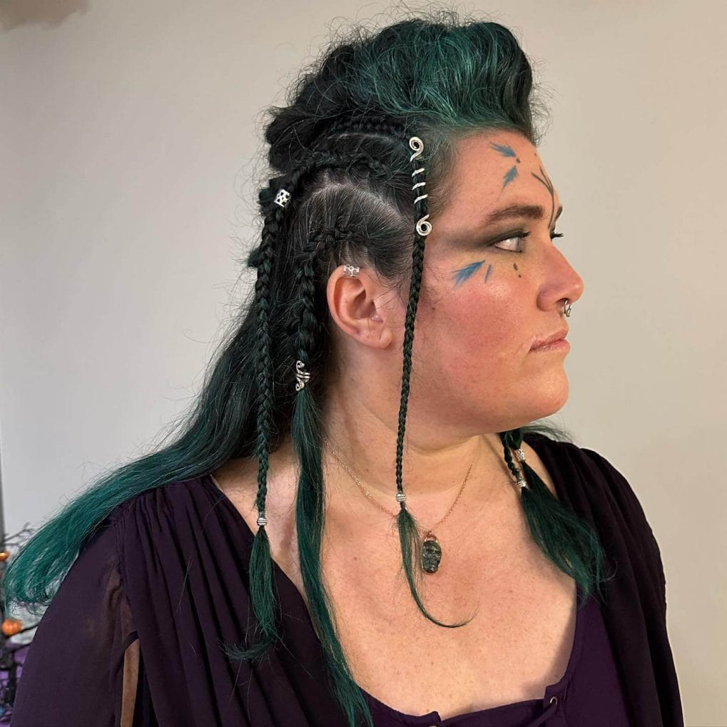 Mid-Back Dark Green Braids With Beads And Rings Mid-Back Dark Green Braids With Beads And Rings — Viking Braided Hairstyles 2027