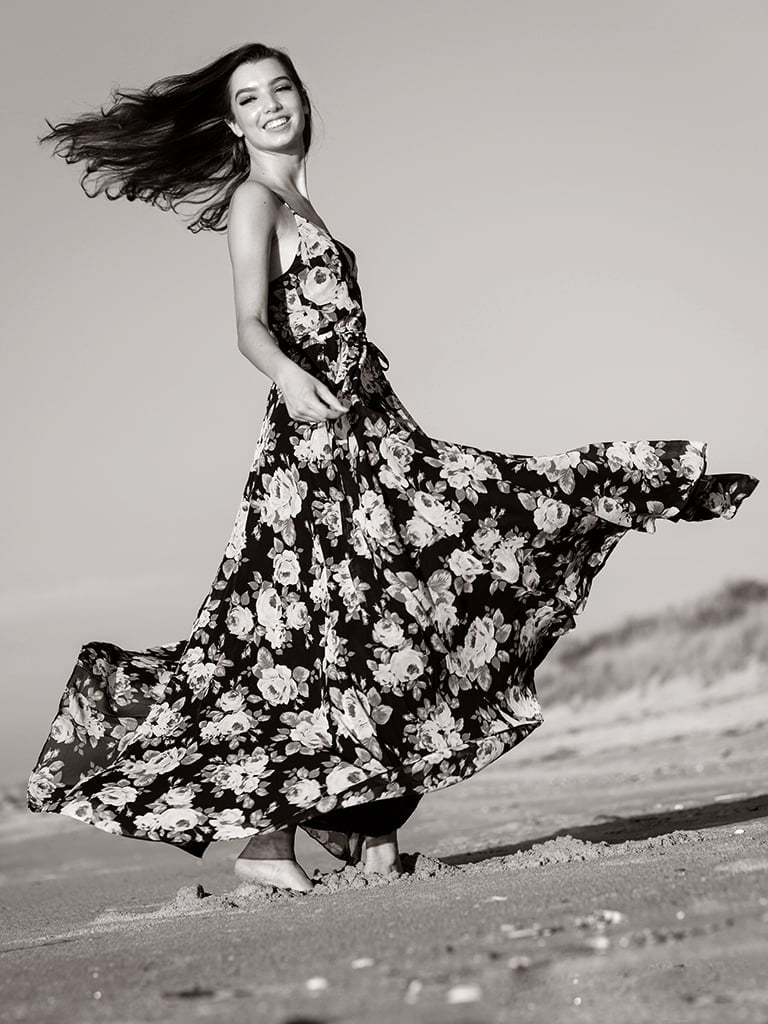 Black and White Floral Maxi Dress on Beach, Close-Up Take Black and White Floral Maxi Dress on Beach, Close-Up Take — Virginia Beach Outfits 2027