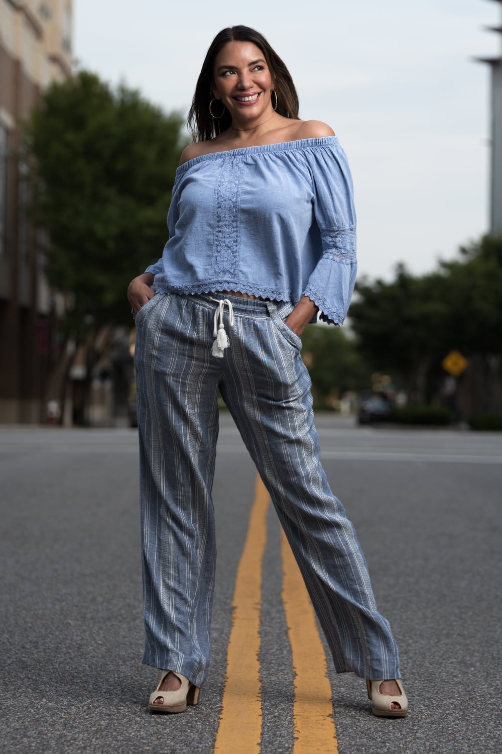 Striped Wide-Leg Pants with Off-Shoulder Top, Platform Sandals Striped Wide-Leg Pants with Off-Shoulder Top, Platform Sandals — Virginia Beach Outfits 2027