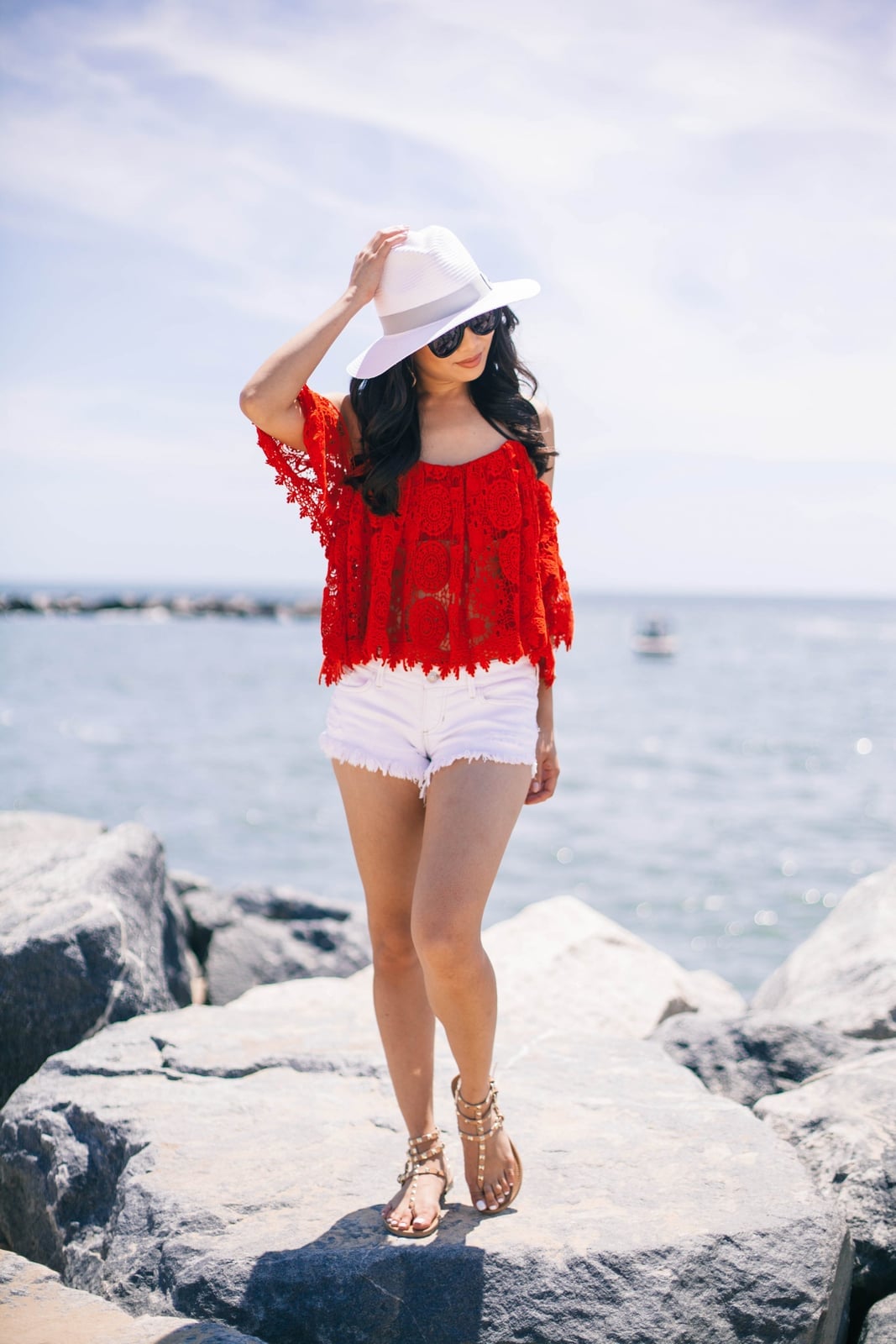 Red Lace Top with White Denim Shorts Red Lace Top with White Denim Shorts — Virginia Beach Outfits 2027