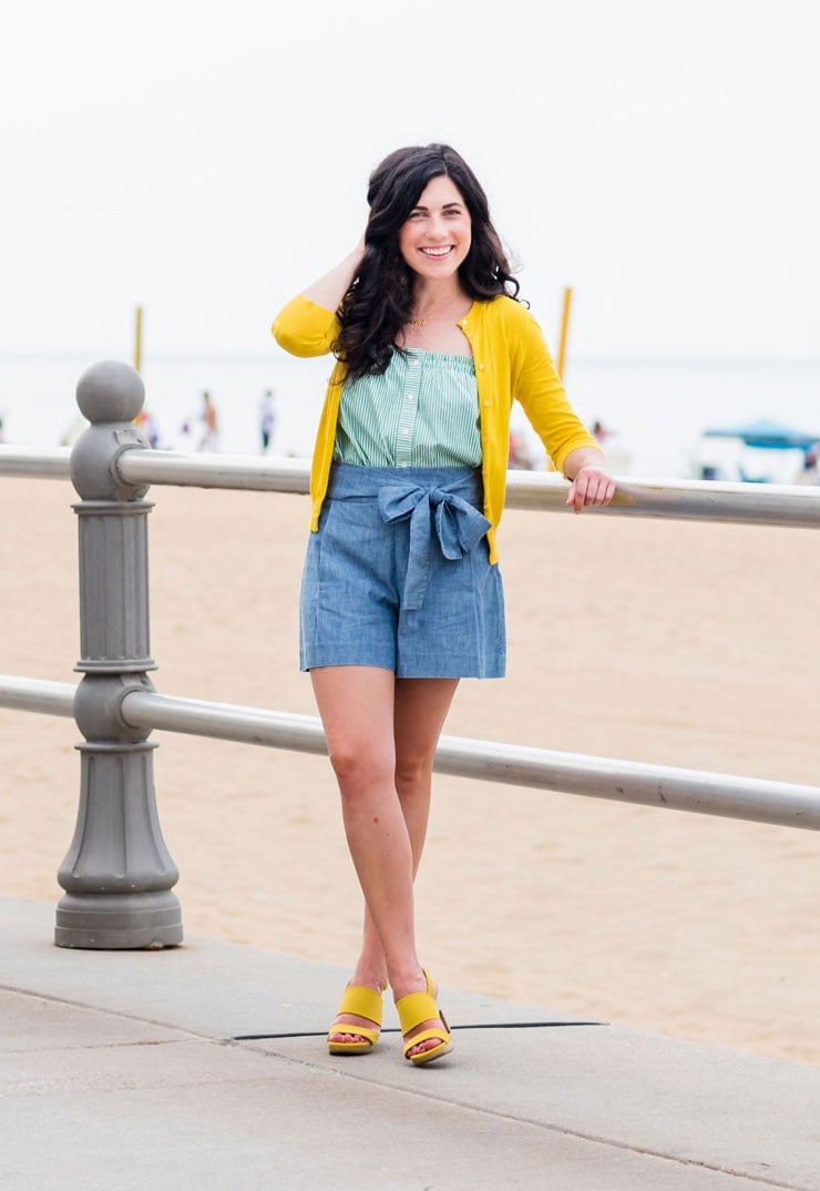 Denim Shorts with Striped Top and Yellow Cardigan Denim Shorts with Striped Top and Yellow Cardigan — Virginia Beach Outfits 2027