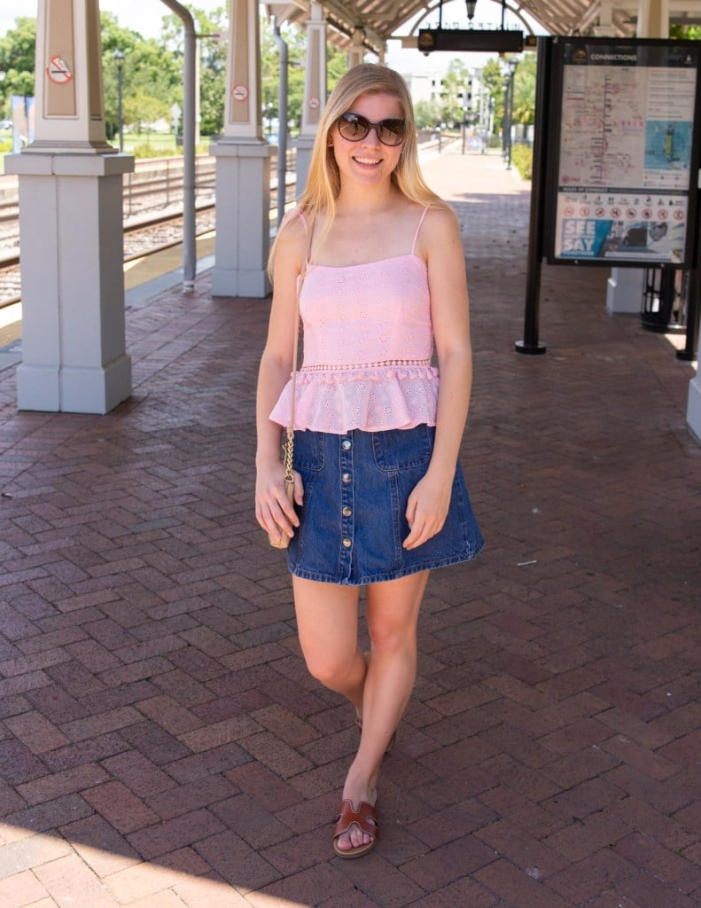 Pink Eyelet Peplum Top with Denim Skirt Pink Eyelet Peplum Top with Denim Skirt — Virginia Beach Outfits 2027