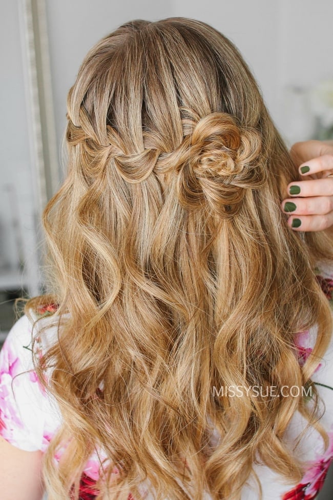 Mid-Back Honey Blonde Waterfall Braid With Flower Accent Mid-Back Honey Blonde Waterfall Braid With Flower Accent — Waterfall Braided Hairstyles 2027
