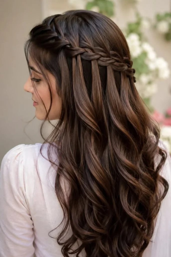 Mid-Back Dark Brown Waterfall Braid With Caramel Highlights Mid-Back Dark Brown Waterfall Braid With Caramel Highlights — Waterfall Braided Hairstyles 2027