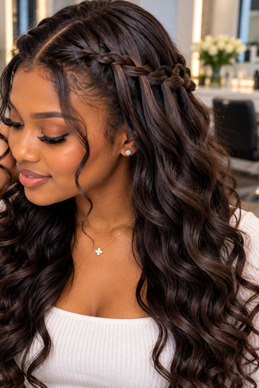 Mid-Back Dark Brown Waterfall Braid With Curtain Bangs, Wavy Mid-Back Dark Brown Waterfall Braid With Curtain Bangs, Wavy — Waterfall Braided Hairstyles 2027