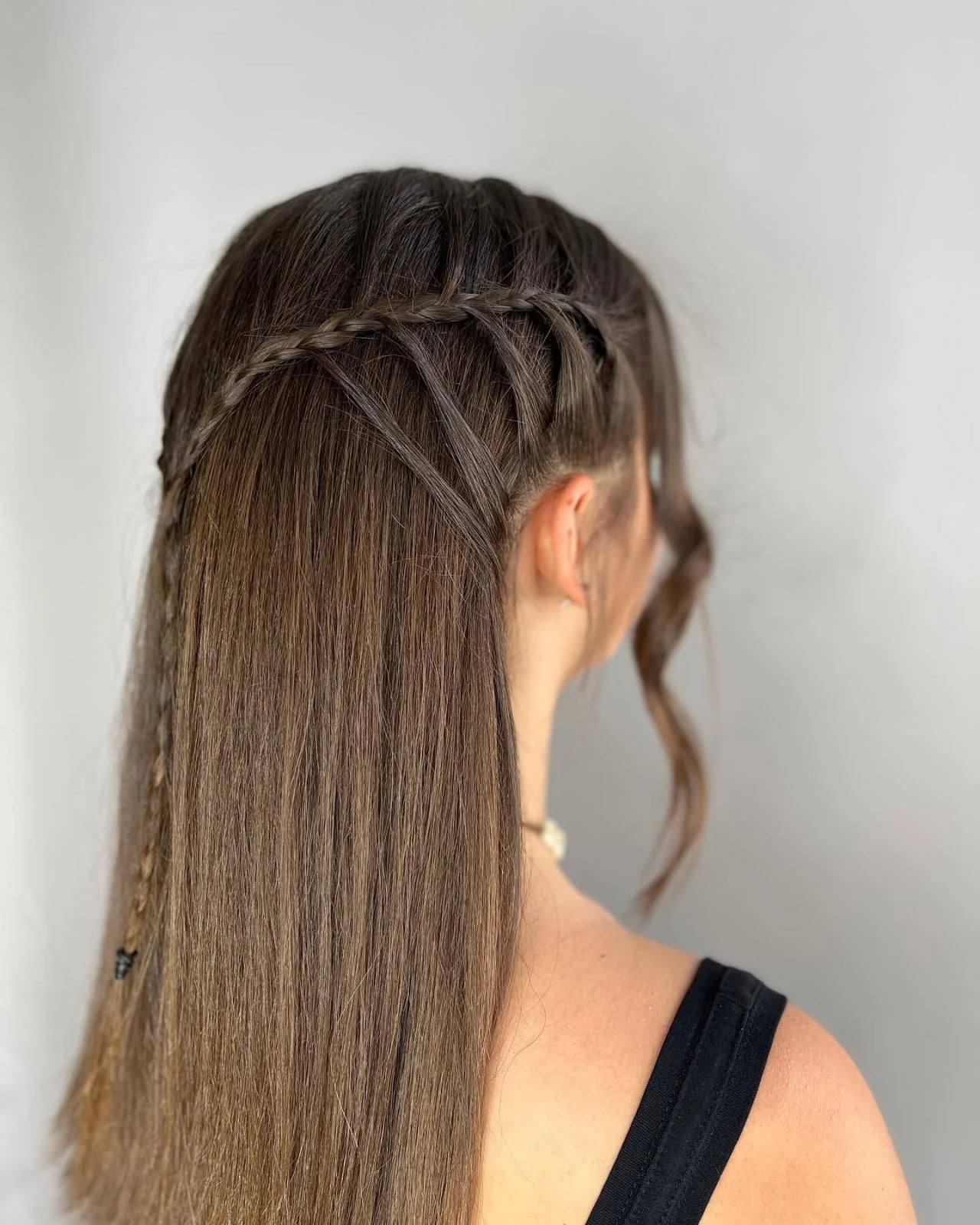 Mid-Back Straight Dark Brown Waterfall Braid, Long Layers Mid-Back Straight Dark Brown Waterfall Braid, Long Layers — Waterfall Braided Hairstyles 2027