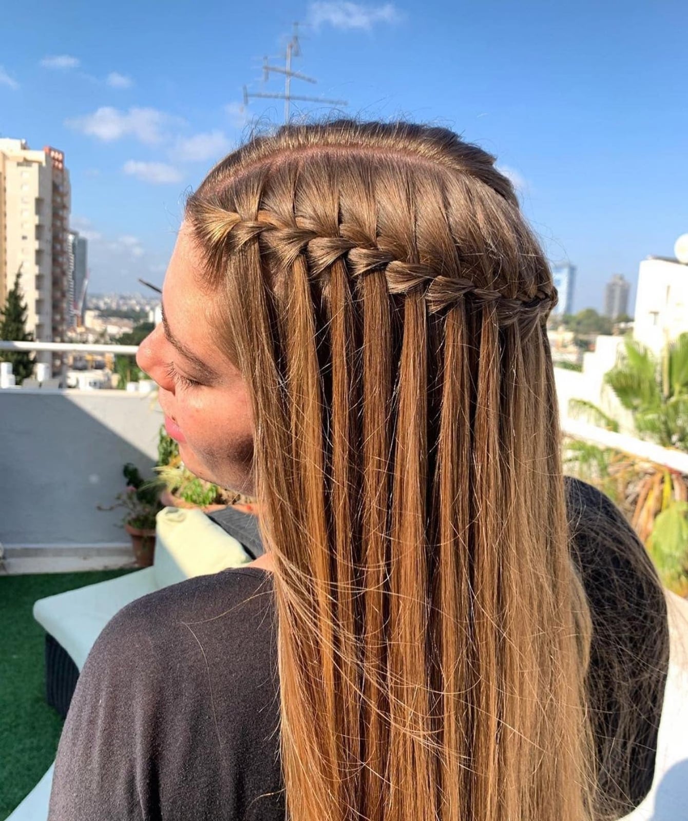 Mid-Back Straight Brown Waterfall Braid With Highlights, Close-Up Take Mid-Back Straight Brown Waterfall Braid With Highlights, Close-Up Take — Waterfall Braided Hairstyles 2027