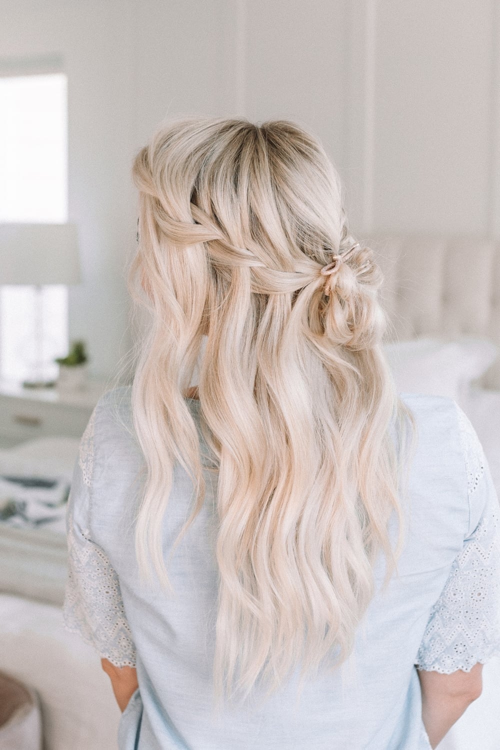 Mid-Back Thick Blonde Half-Up Waterfall Braid, Close-Up Take Mid-Back Thick Blonde Half-Up Waterfall Braid, Close-Up Take — Waterfall Braided Hairstyles 2027