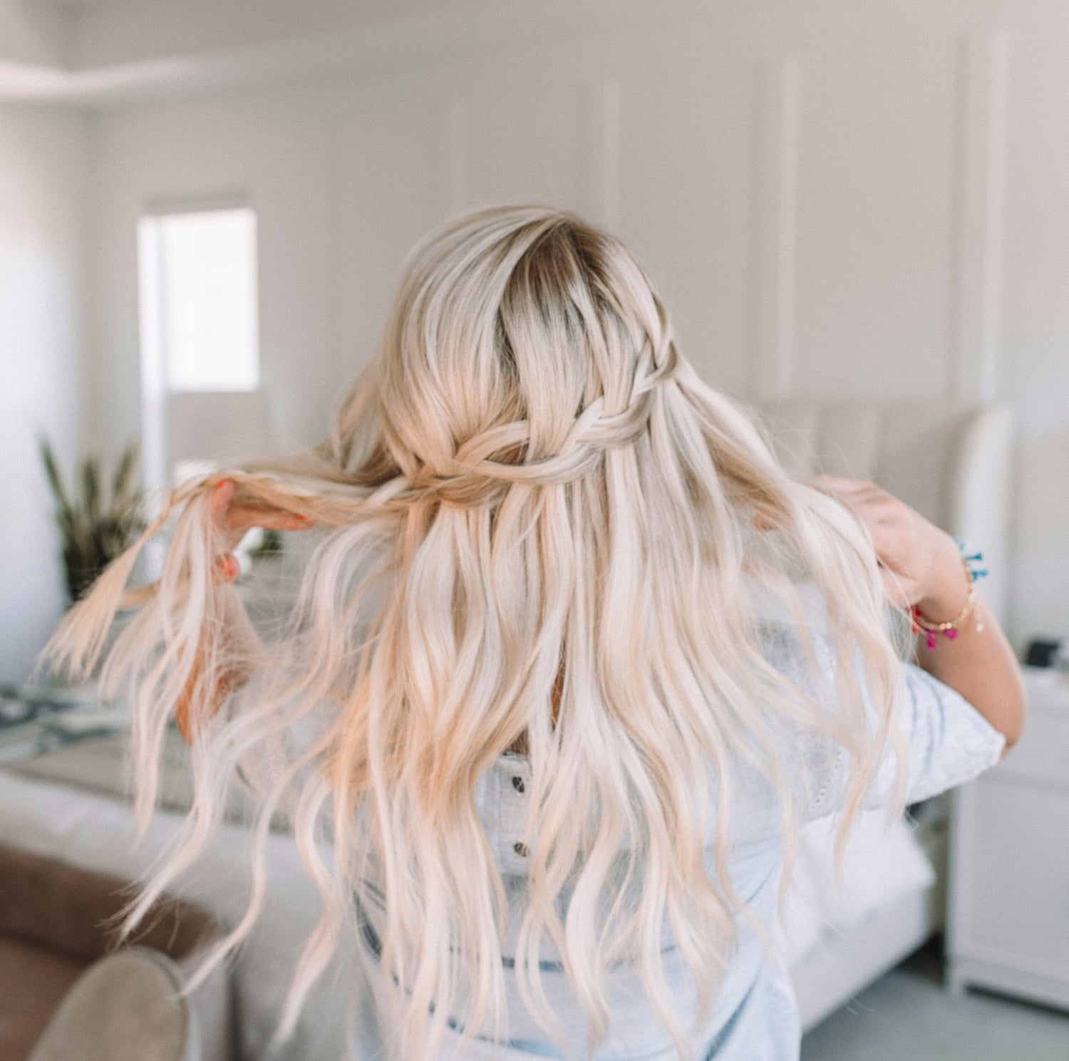 Mid-Back Thick Blonde Waterfall Braid On Right Side, Wavy Mid-Back Thick Blonde Waterfall Braid On Right Side, Wavy — Waterfall Braided Hairstyles 2027