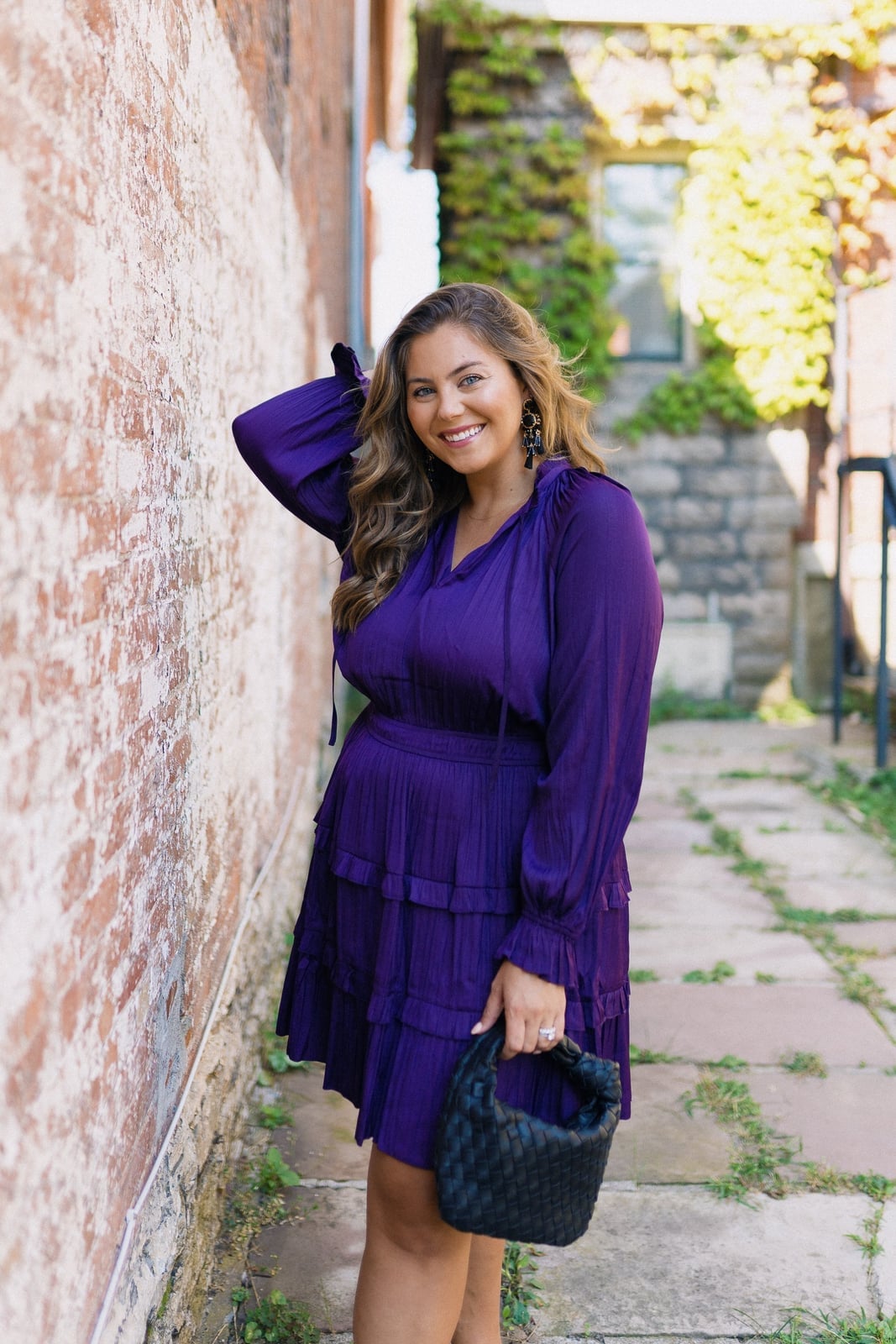 Deep purple crinkled midi dress with smocked waist and tiers Deep purple crinkled midi dress with smocked waist and tiers — Wedding Guest Outfits Vineyard 2027