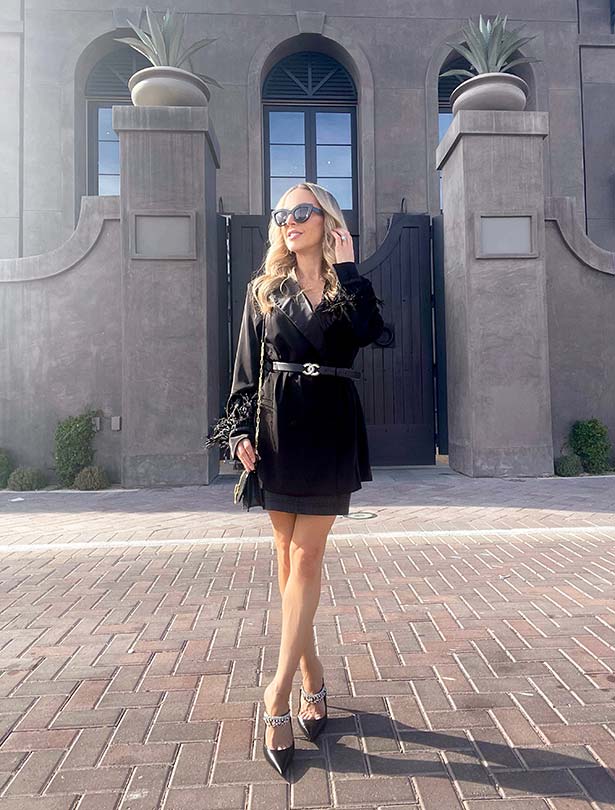 Black blazer dress with feather trim for evening weddings Black blazer dress with feather trim for evening weddings — Wedding Guest Outfits Vineyard 2027