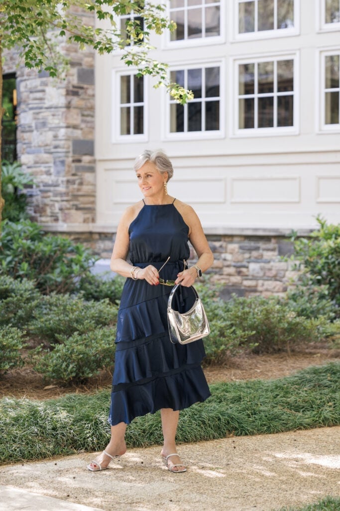 Navy blue tiered midi dress with asymmetrical hem Navy blue tiered midi dress with asymmetrical hem — Wedding Guest Outfits Vineyard 2027