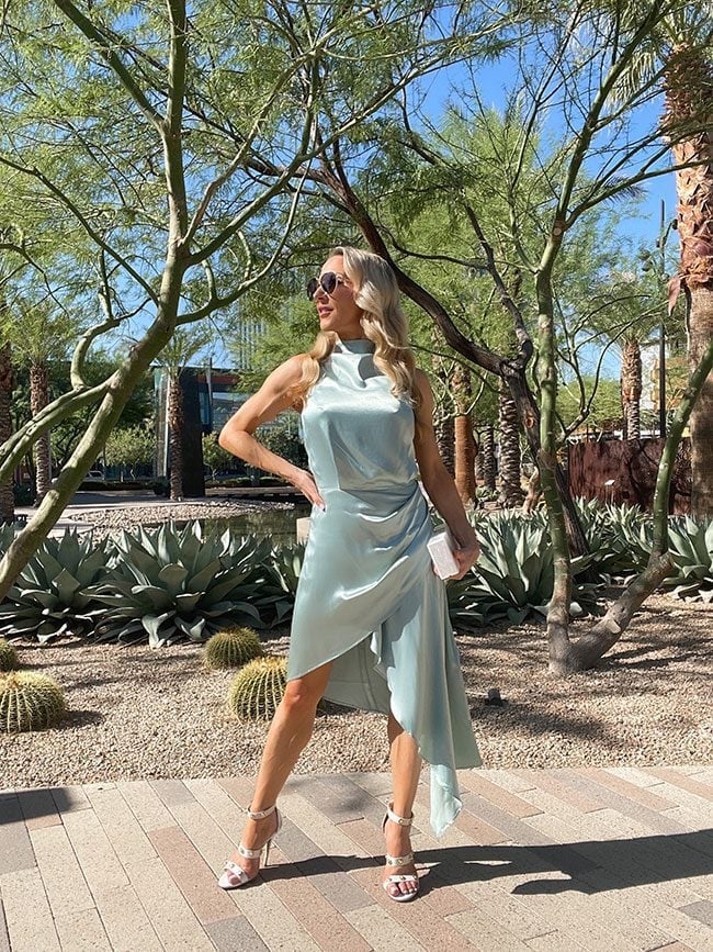 Pale blue satin wrap dress with asymmetrical hem Pale blue satin wrap dress with asymmetrical hem — Wedding Guest Outfits Vineyard 2027
