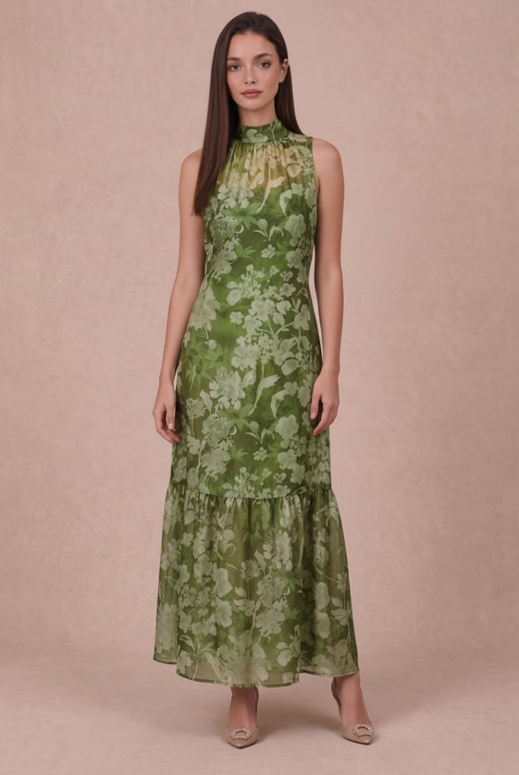 Green floral print chiffon dress with tiered A-line skirt Green floral print chiffon dress with tiered A-line skirt — Wedding Guest Outfits Vineyard 2027