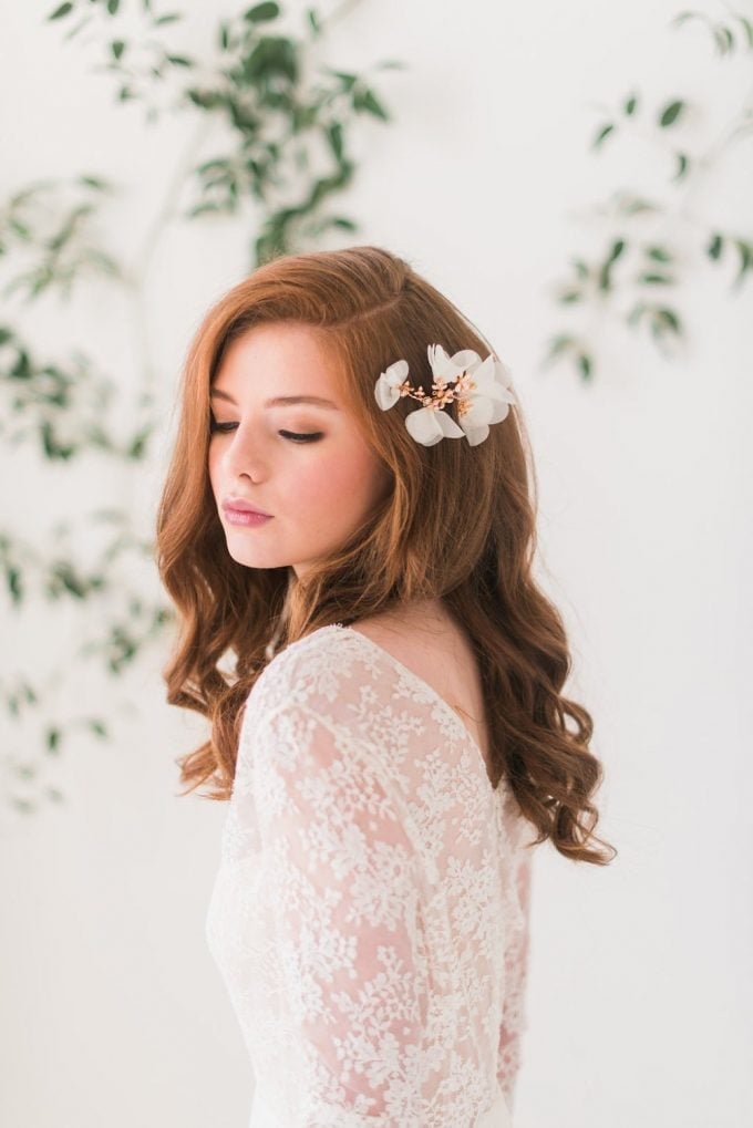 Collarbone Auburn Waves With Floral Accessory Collarbone Auburn Waves With Floral Accessory — Wedding Hair Down 2027