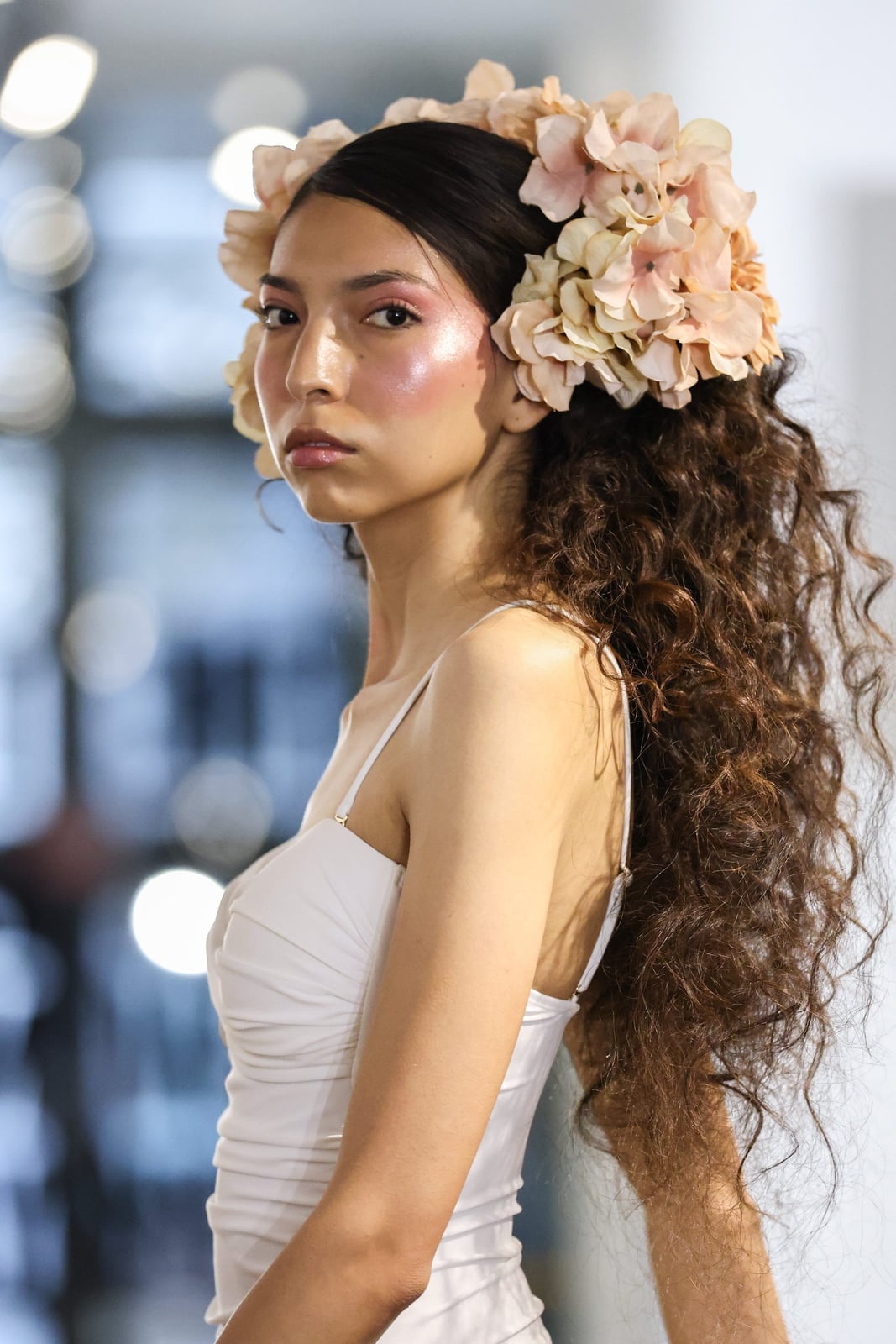 Dark Brown Loose Curls With Floral Headpiece Dark Brown Loose Curls With Floral Headpiece — Wedding Hair Down 2027