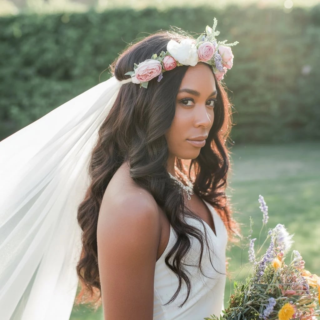 Dark Blonde Loose Waves With Floral Crown Dark Blonde Loose Waves With Floral Crown — Wedding Hair Down 2027