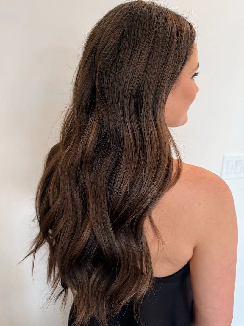 Dark Brown Air Dried Waves With Subtle Highlights Dark Brown Air Dried Waves With Subtle Highlights — Wedding Hair Down 2027