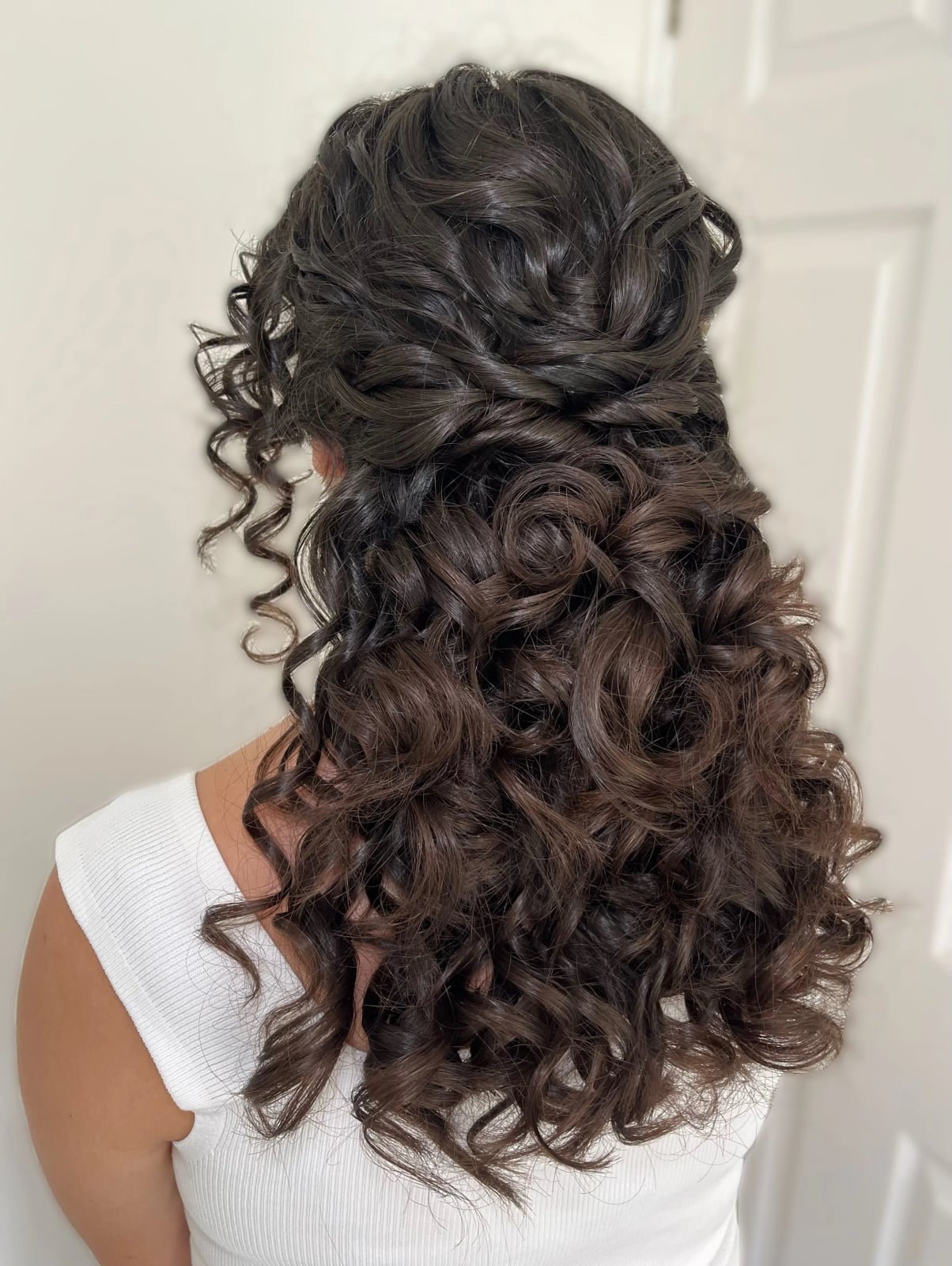 Mid-Back Dark Brown Half-Up with Braided Updo Mid-Back Dark Brown Half-Up with Braided Updo — Wedding Hairstyles 2027 with Curls