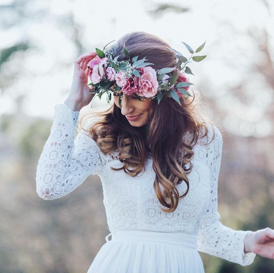Mid-Back Brown Loose Waves with Flower Crown Mid-Back Brown Loose Waves with Flower Crown — Wedding Hairstyles 2027 with Curls