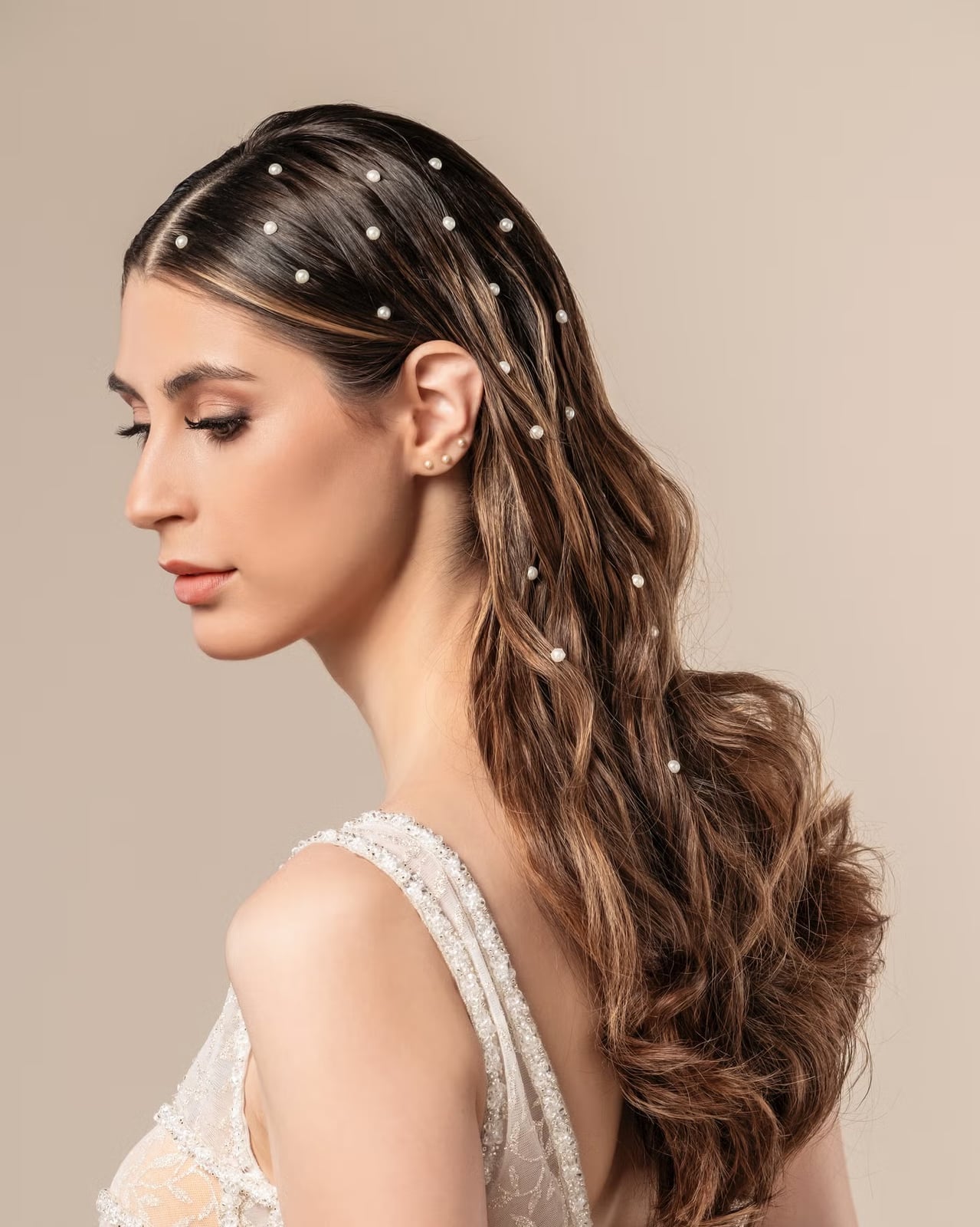Mid-Back Dark Brown Loose Waves with Pearls, Wavy Mid-Back Dark Brown Loose Waves with Pearls, Wavy — Wedding Hairstyles 2027 with Curls