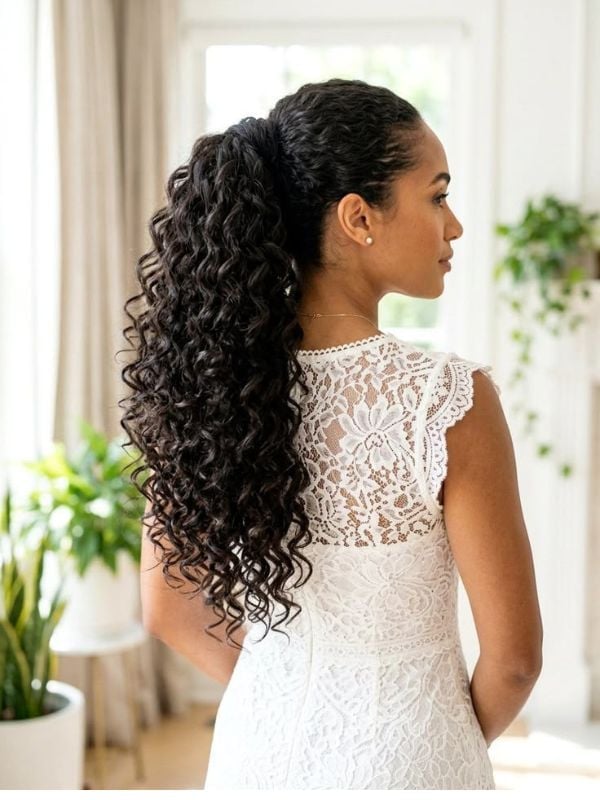 Mid-Back Dark Brown High Ponytail with Curls, Showcasing Voluminous Mid-Back Dark Brown High Ponytail with Curls, Showcasing Voluminous — Wedding Hairstyles 2027 with Curls