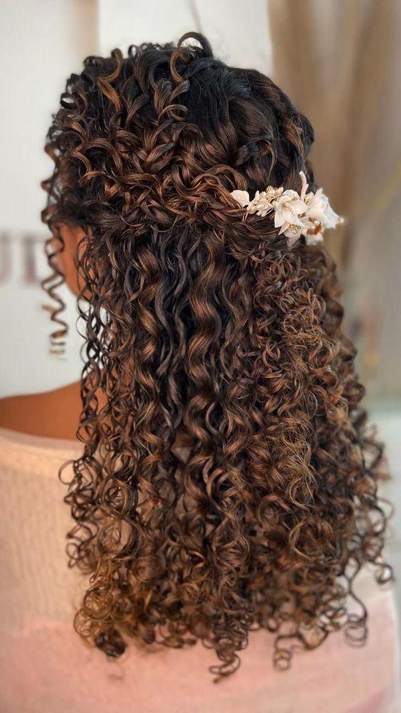Half-Up Half-Down Dark Brown Curls with Braided Crown Half-Up Half-Down Dark Brown Curls with Braided Crown — Wedding Hairstyles 2027 with Curls