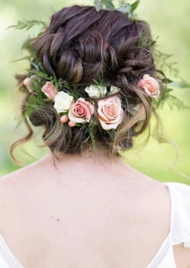 Shoulder Dark Brown Textured Curly Updo with Flowers Shoulder Dark Brown Textured Curly Updo with Flowers — Wedding Hairstyles 2027 with Curls