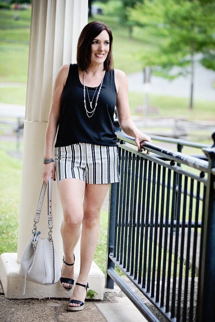 Black and white striped shorts with black tank and black platform Black and white striped shorts with black tank and black platform — Wedges Outfits 2027 with Shorts