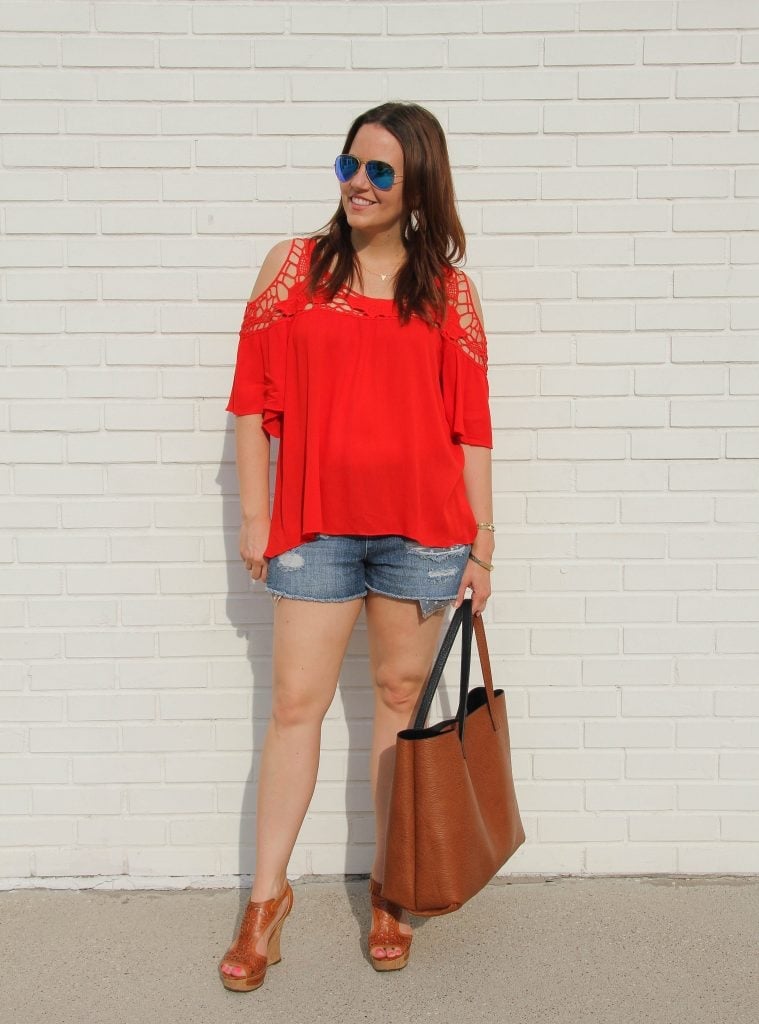 Distressed denim shorts and red cold shoulder top with orange wedge Distressed denim shorts and red cold shoulder top with orange wedge — Wedges Outfits 2027 with Shorts