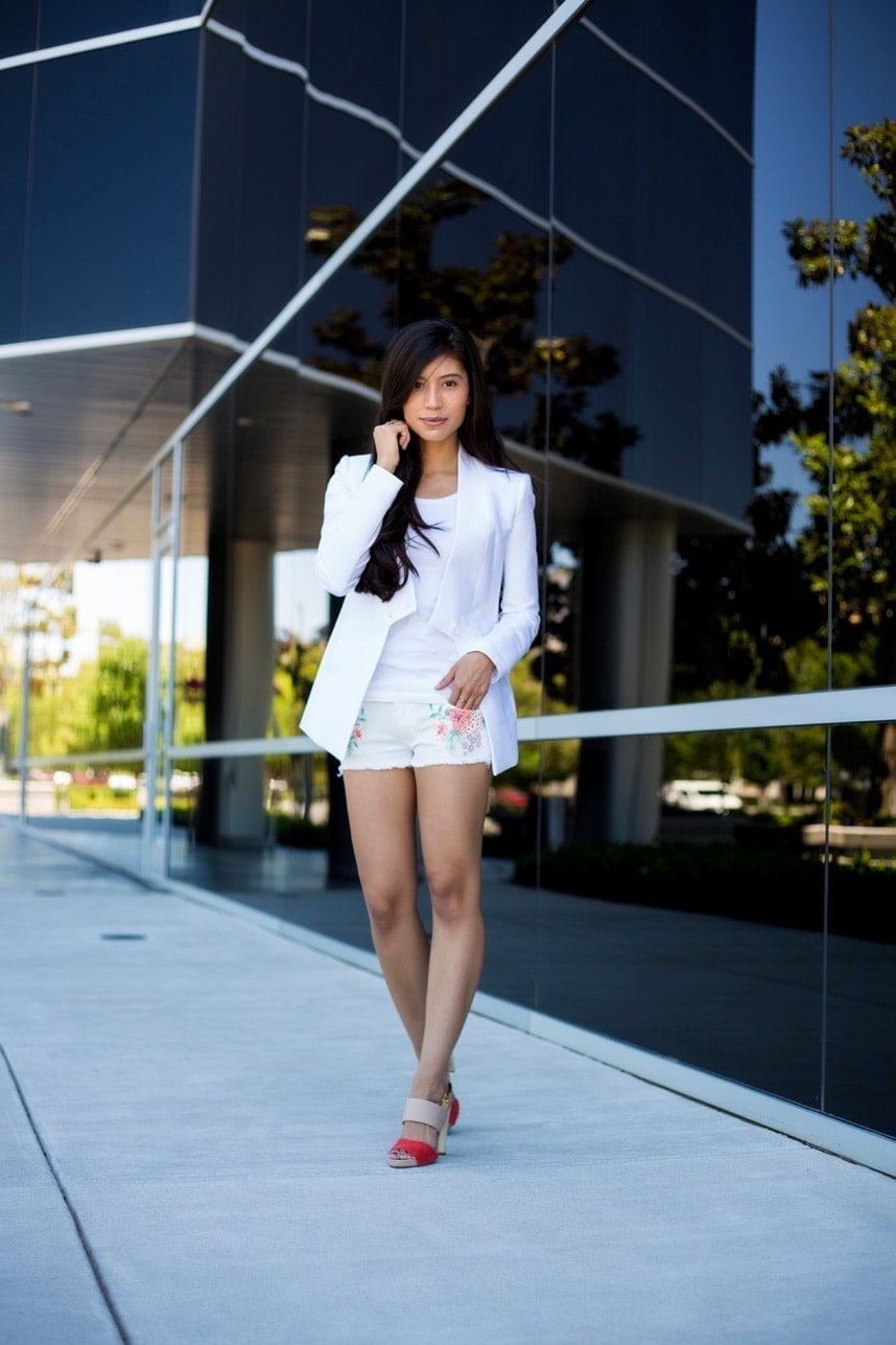 White embroidered shorts with white tank and blazer paired with red White embroidered shorts with white tank and blazer paired with red — Wedges Outfits 2027 with Shorts