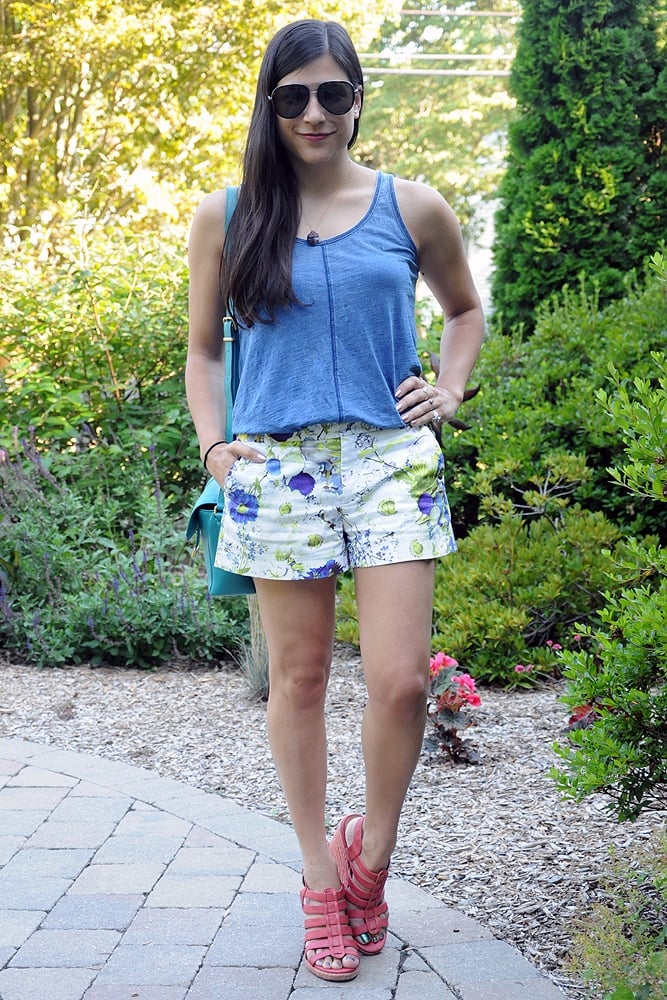 Floral print shorts with blue tank and pink wedge sandals Floral print shorts with blue tank and pink wedge sandals — Wedges Outfits 2027 with Shorts
