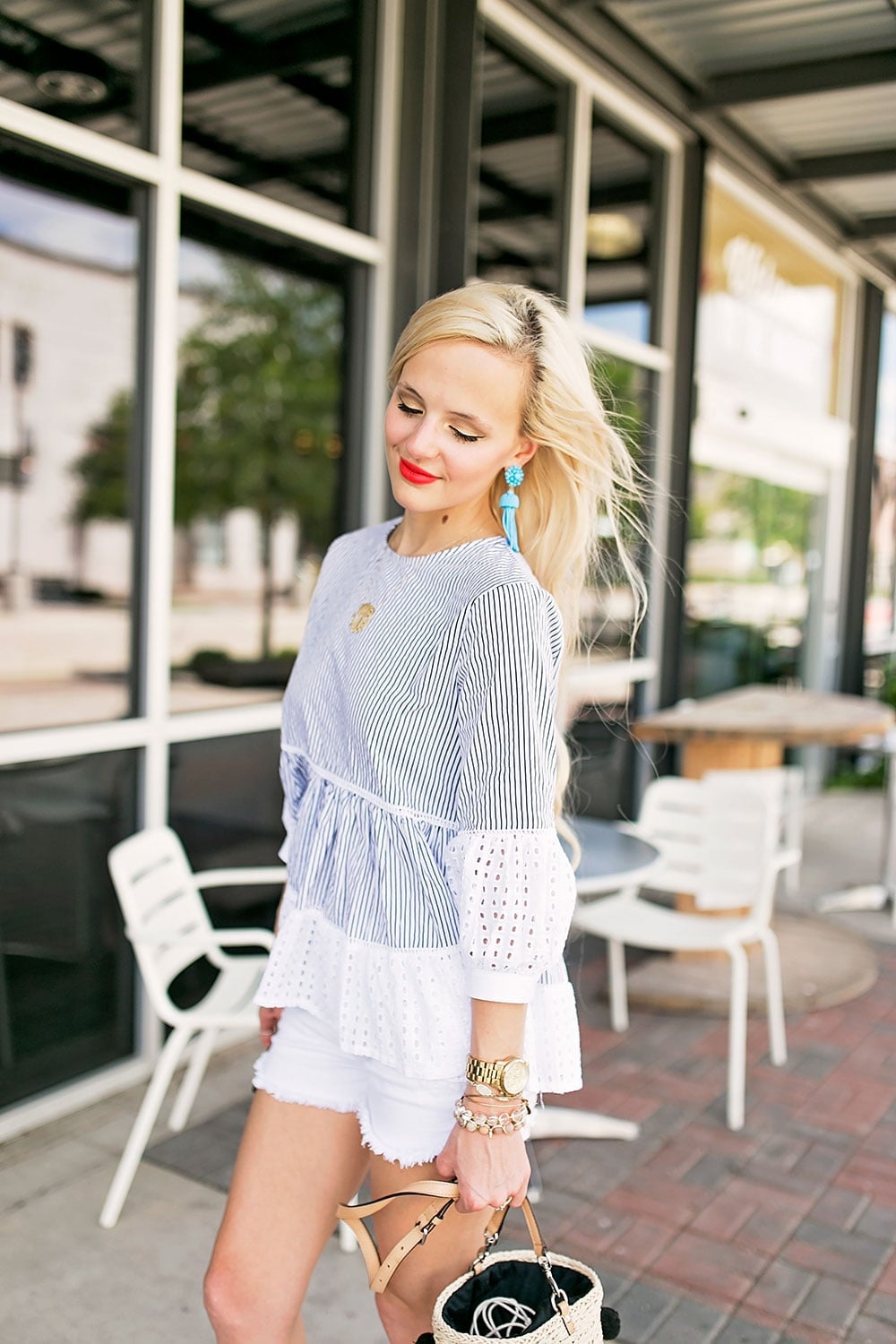 White denim shorts with striped peplum top and tan, Everyday Version White denim shorts with striped peplum top and tan, Everyday Version — Wedges Outfits 2027 with Shorts