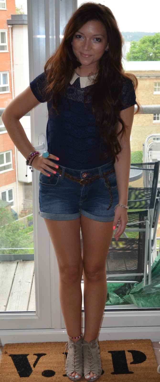 Rolled denim shorts with navy lace top and gray lace-up wedge boots Rolled denim shorts with navy lace top and gray lace-up wedge boots — Wedges Outfits 2027 with Shorts