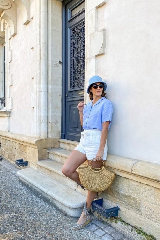 White linen shorts and light blue shirt with gray espadrille wedge White linen shorts and light blue shirt with gray espadrille wedge — Wedges Outfits 2027 with Shorts