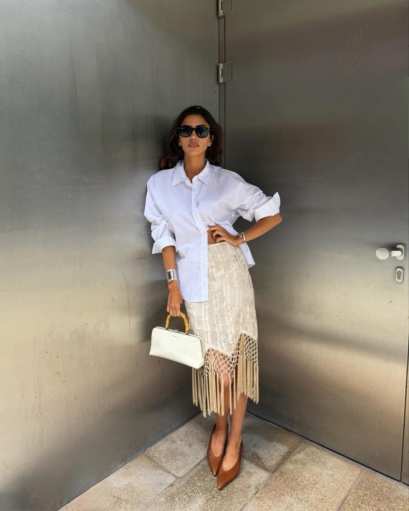 White Shirt With Fringe Midi Skirt White Shirt With Fringe Midi Skirt — White Blouse Outfits 2027