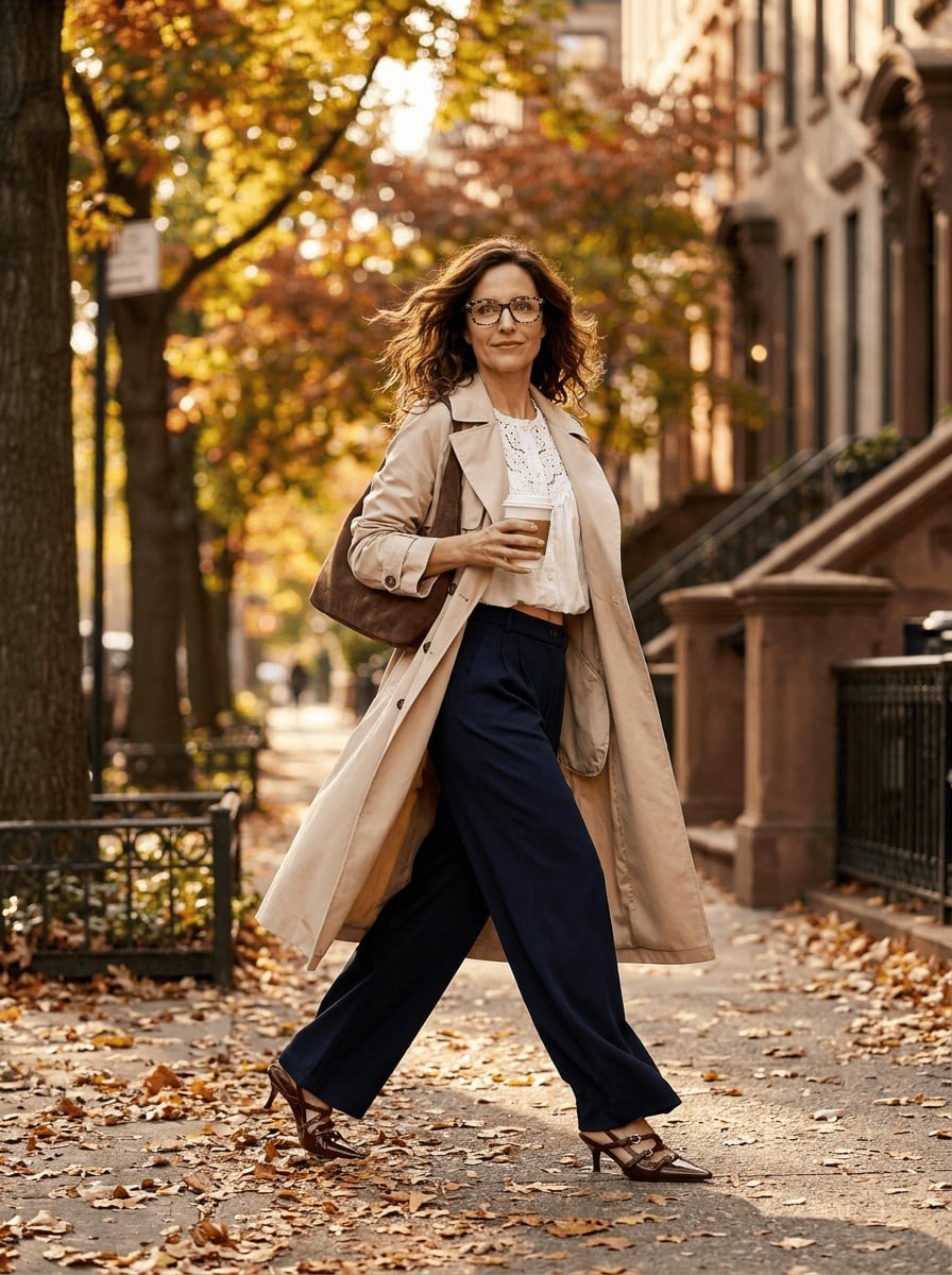 White Blouse With Trench Coat And Wide Leg Trousers White Blouse With Trench Coat And Wide Leg Trousers — White Blouse Outfits 2027