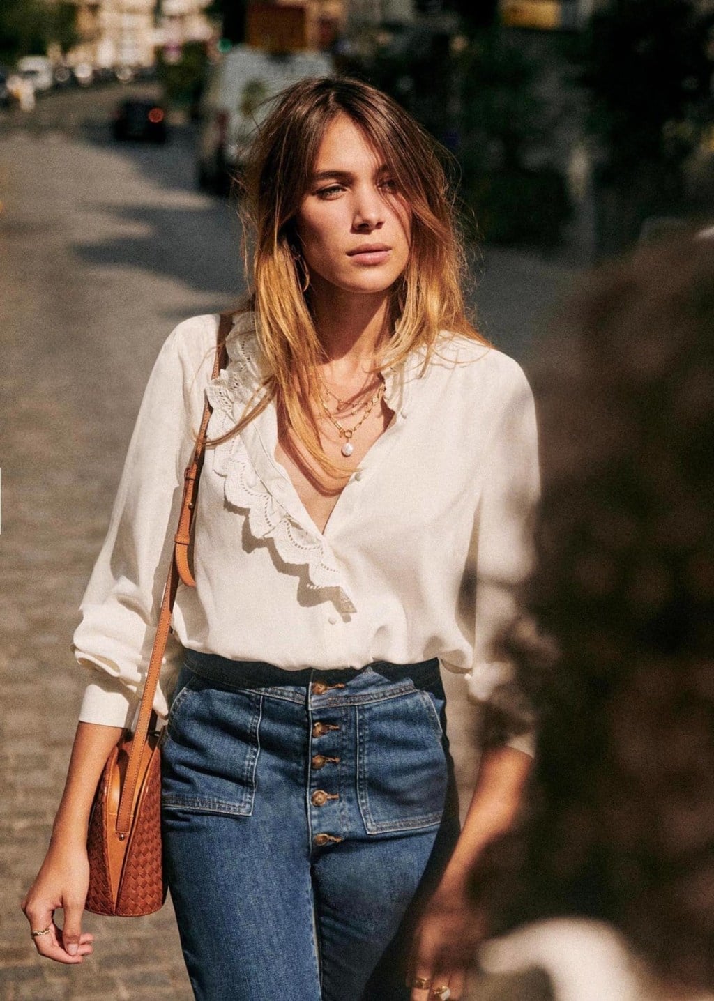 White Blouse With Ruffled Collar And Denim Skirt White Blouse With Ruffled Collar And Denim Skirt — White Blouse Outfits 2027