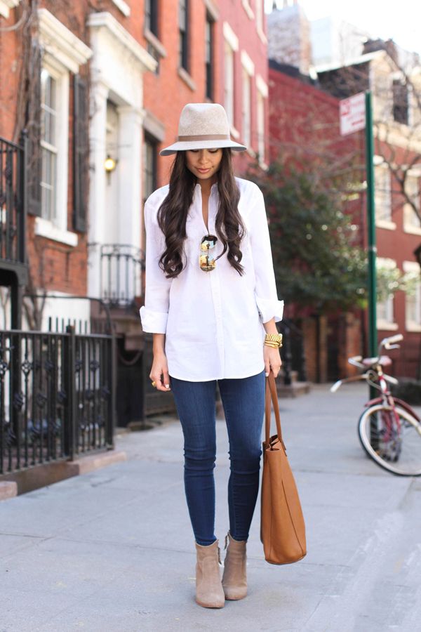 White Shirt With Skinny Jeans And Fedora White Shirt With Skinny Jeans And Fedora — White Blouse Outfits 2027