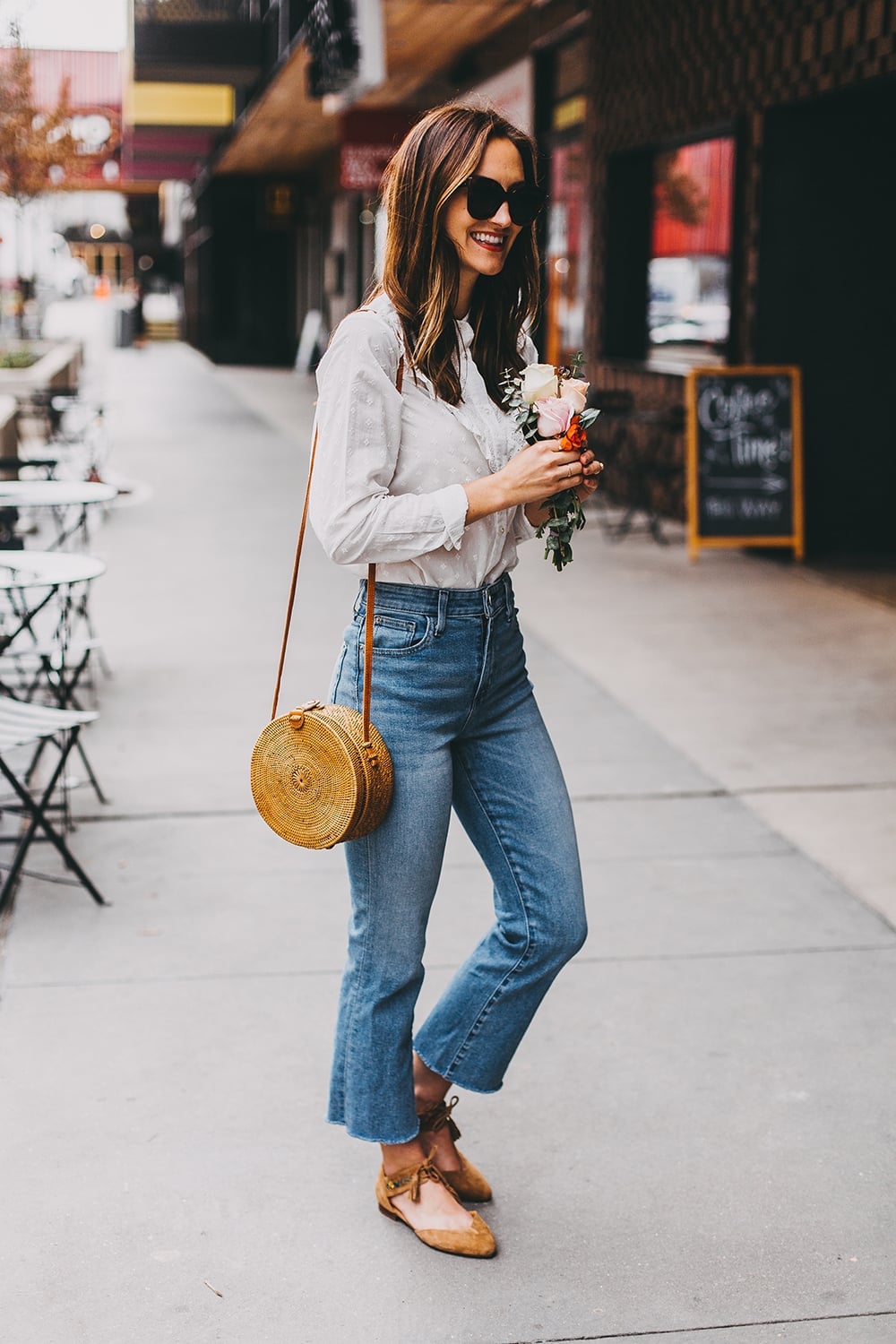 White Textured Blouse With Cropped Flare Jeans White Textured Blouse With Cropped Flare Jeans — White Blouse Outfits 2027