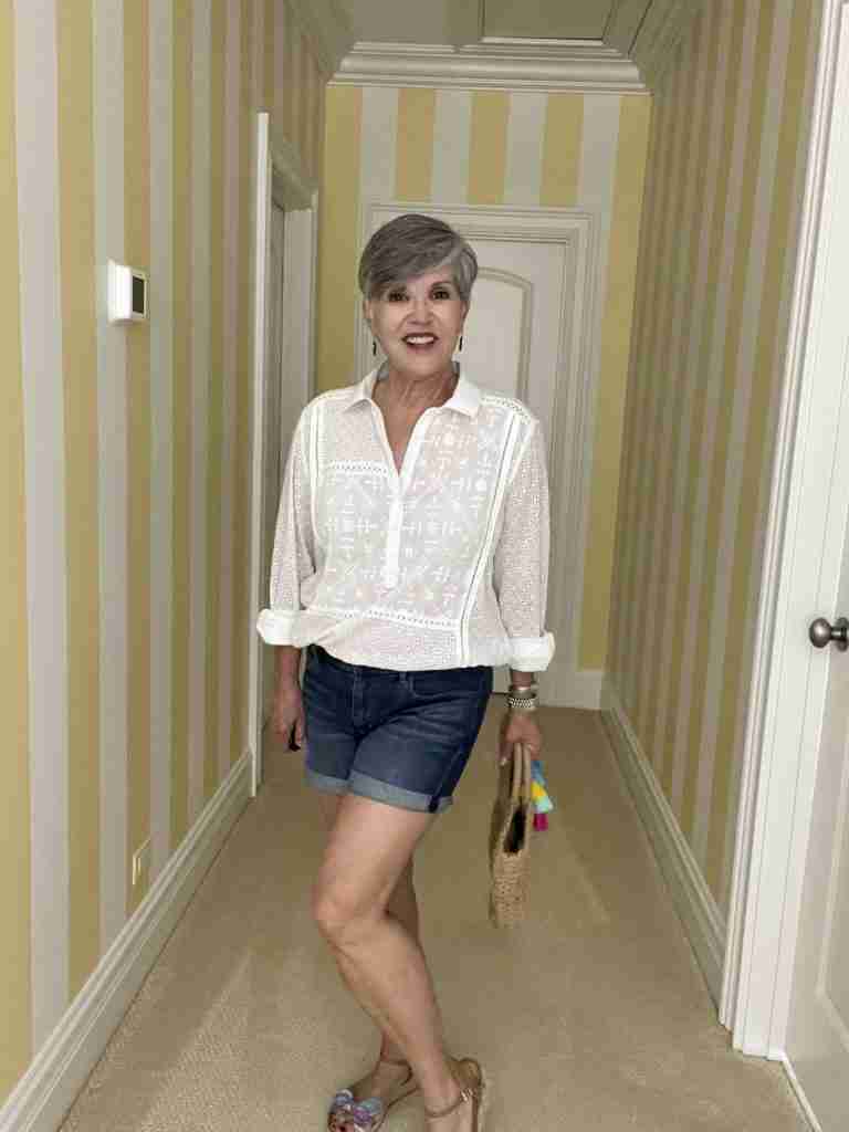 White Eyelet Blouse With Denim Shorts White Eyelet Blouse With Denim Shorts — White Blouse Outfits 2027