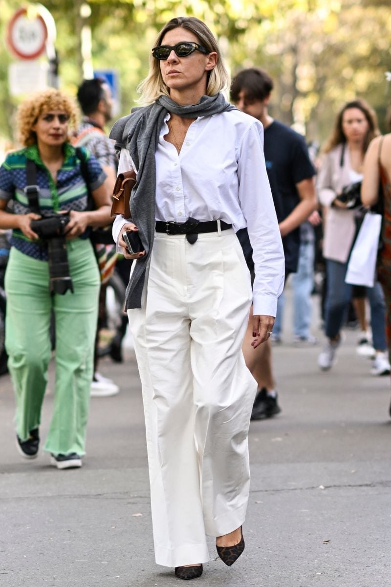 White Shirt With Gray Sweater Drape White Shirt With Gray Sweater Drape — White Blouse Outfits 2027