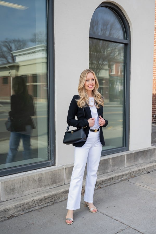 White Wide Leg Jeans With Black Blazer And Gold Belt White Wide Leg Jeans With Black Blazer And Gold Belt — White Bootcut Jeans Outfits 2027