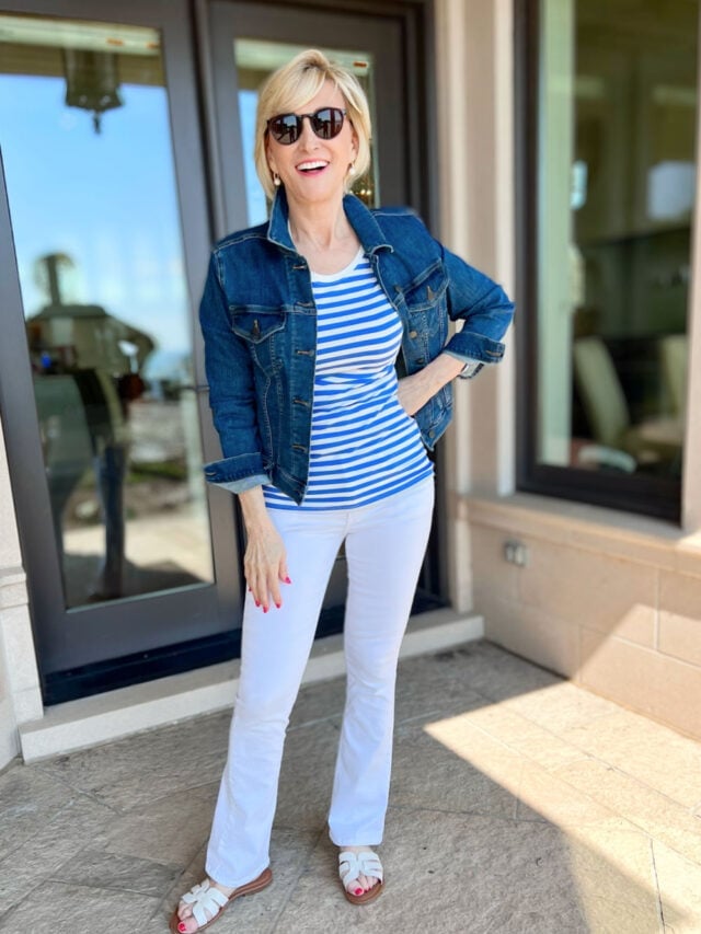 White Bootcut Jeans With Denim Jacket And Striped T-Shirt White Bootcut Jeans With Denim Jacket And Striped T-Shirt — White Bootcut Jeans Outfits 2027