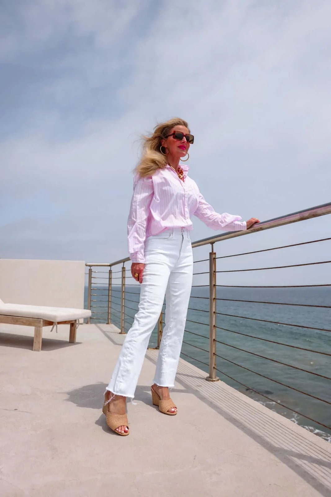 White Bootcut Jeans With Raw Hem And Striped Shirt, Wedge Sandals White Bootcut Jeans With Raw Hem And Striped Shirt, Wedge Sandals — White Bootcut Jeans Outfits 2027