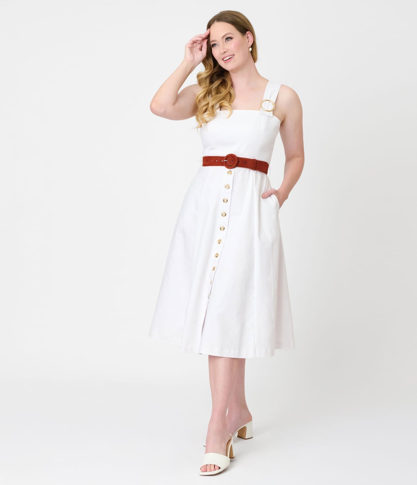 White button-front midi dress with fit and flare silhouette White button-front midi dress with fit and flare silhouette — White Picnic Dress 2027